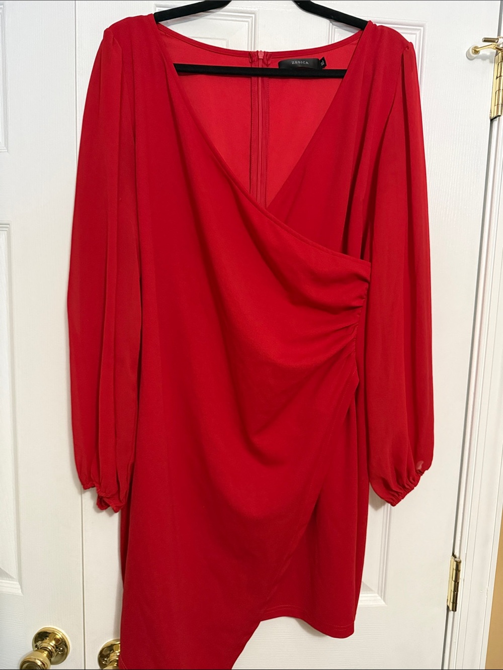 Asymmetrical Red Wrap-Style Midi Dress with Bishop Sleeves